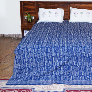 Handmade Vintage Fluffy Indigo Block Printed Cotton Kantha <b>Quilt</b> Reversible Bedspread for Hotel Use Home Decor <b>Throw</b> Blanket - Product Image 5