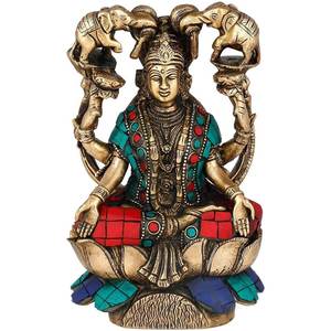 Estatua hecha a mano de la diosa Lakshmi de 7 pulgadas sentada en el loto con intrincada escultura con incrustaciones de latón para regalar hecha en la India - Product Image 1