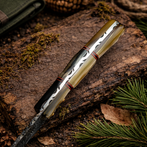 Couteau Skinner Damas fait main 9 pouces, lame fixe en acier Damas, ambidextre, style industriel, manche en corne - Product Image 5