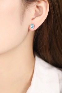 Classic 925 <b>Silver</b> <b>Stud</b> Earrings With Oval Blue Topaz And Diamond Halo For Women Everyday Wear - Product Image 6