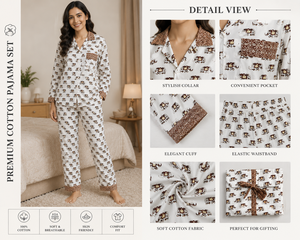 Luxury Elephant Hand Block Print <b>Crepe</b> Silk Night Suit Women Long Pajama Set Casual Handmade Masterpiece Sleepwear Gift Set - Product Image 4