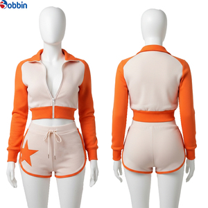Conjuntos Deportivos Cortos de Verano Estilo Hip Hop para Mujer, 2 Piezas, Conjunto Deportivo con Bloques de Color, Top Corto de Manga Larga con Bolsillo y Pantalones Cortos - Product Image 5