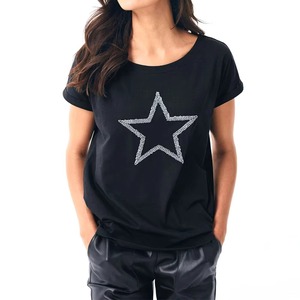 Women's Black Short Sleeve T-<b>Shirt</b> With Embroidered <b>Star</b> Design Scoop Neck Loose Fit Casual Jersey Fabric All Seasons - Product Image 1