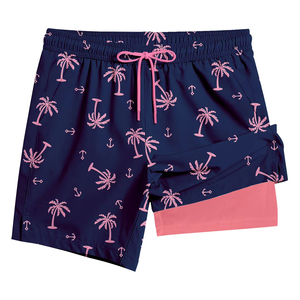 Shorts de bain pour homme en polyester/coton bleu marine uni, longueur genou, avec poches à cordon rose, séchage rapide, décontractés - Product Image 2