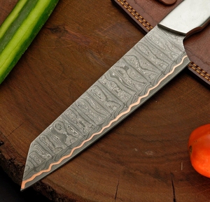 Couteau de Chef Haut de Gamme LEGACY BLADES en Acier Damas Cuivré, Manche en Acier Fait Main, Étui en Cuir – Vente en Gros Fabricant - Product Image 6