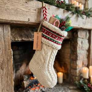 Calcetín Navideño Clásico Rojo de Punto Trenzado con Puño Plegable Crema, Calcetín Colgante de Lana para Chimenea, Decoración Festiva al por Mayor - Product Image 5
