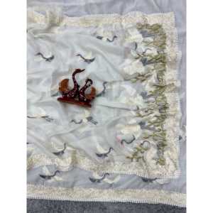 Sari Tradicional Chino Blanco de Diseñador con Hermoso Bordado de Hilo Sin Coser 650g - Product Image 1