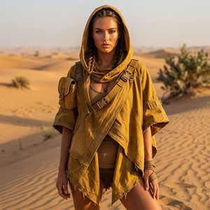 Poncho Táctico con Capucha Estilo Desierto, Capa Techwear, Capa Utilitaria Cyberpunk, Chal de Lona - Product Image 4