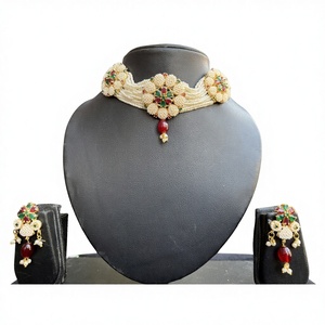 Indian Mores Gold Plated Brass Based Red Green Handcrafted Jaal Puwai Choker <b>Set</b> Women Jewelry Imitation <b>Pearl</b> Wedding Party - Product Image 1