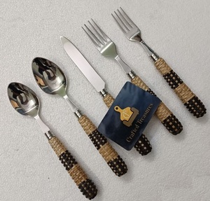 Eco friendly Flateware <b>Set</b> 18/<b>8</b> Stainless Steel Rattan Woven Handle 5-Piece <b>Set</b> Mirror Polish Durable <b>Dinnerware</b> Cutlery <b>Set</b> - Product Image 4