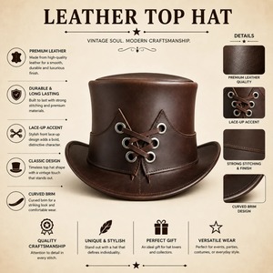 Classic Black Leather Dress Hat High Crown Fashion <b>Accessory</b> for Men’s Clothing Collections and Special Events - Product Image 6