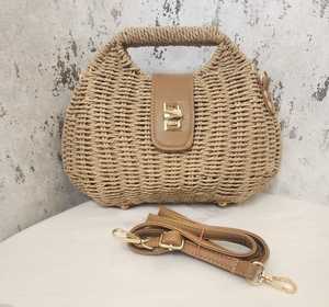 Woven Straw Tote Bag PU Leather <b>Strap</b> Lock Closure Lightweight Shoulder Handbag for Beach Travel Daily Use - Product Image 2