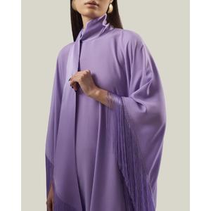 Robe longue élégante violette à col montant, manches trois quarts, détails à pompons, en mousseline transparente, coupe trapèze, écologique, toutes saisons - Product Image 4