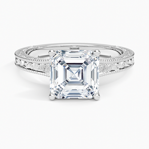 Bague de fiançailles en moissanite taille Asscher 2 carats, gravée motif floral vintage, pour mariée - Product Image 3