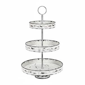 Plateau de service rond en métal blanc vieilli à 2 niveaux avec poignée, style ferme, pour cupcakes et desserts, présentoir vintage - Product Image 5