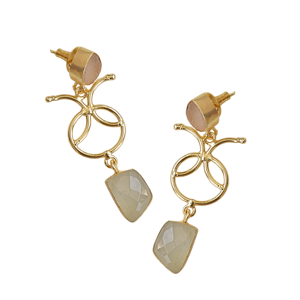 Boucles d'oreilles pendantes plaquées or avec double pierre en quartz rose semi-précieux et calcédoine rose-blanc, bijoux en pierres précieuses naturelles - Product Image 5