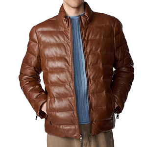 Veste matelassée en cuir PU marron pour homme, col montant, fermeture éclair, coupe-vent, hiver, décontractée, coupe ajustée, fibre de polyester, service OEM - Product Image 1