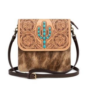 Premium Western Geometric Genuine Leather Lady Vintage Bohemian Crossbody Bag Hair-on-Hide Purse Handcrafted Turquoise Inlay - Product Image 1
