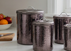 Ensemble de contenants de rangement modernes en métal nickelé martelé, forme ronde, élégant organisateur de cuisine et rangement domestique stylé - Product Image 5