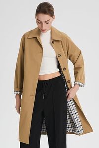 Manteau long élégant pour femme, couleur camel unie, manches longues, col à revers, fermeture boutonnée, vêtement d'extérieur pour l'automne - Product Image 6