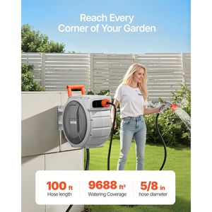 5/8 Inch X 100 ft Wall Mounted Retractable Garden <b>Hose</b> Reel Heavy Duty 9-Pattern Nozzle Adjustable Length <b>Lock</b> 180 Degrees - Product Image 2