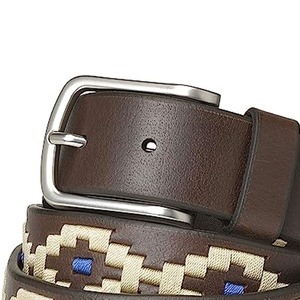 Ceinture en cuir véritable avec broderie géométrique ethnique et boucle rectangulaire argentée, style décontracté, en cuir de vachette durable - Product Image 3