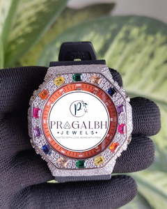 Montre de luxe pour homme en acier inoxydable avec mouvement MiYota, cadran analogique sportif et mode, sertie de diamants et de pierres précieuses multicolores - Product Image 6