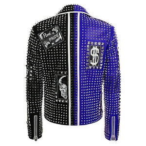 Veste de moto vintage unisexe en cuir véritable à blocs de couleur noir et violet cloutée, style punk, fermetures éclair sur le devant, respirante - Product Image 2