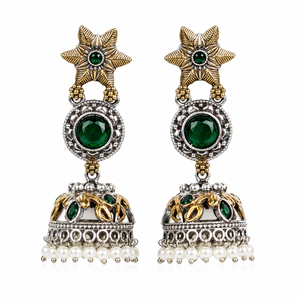 Direct Factory Oxidized <b>Silver</b> Two-Tone Flower Jhumka <b>Earrings</b> | Indian Bohemia Stone Dangle <b>Drop</b> <b>Earrings</b> | Wholesale Supplier - Product Image 1