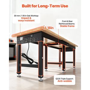 Banc de travail réglable en chêne, capacité 5000 lb, poste de travail 96 x 24 pouces, 4 prises CA, 2 ports USB, modèle robuste pour le travail du bois - Product Image 3