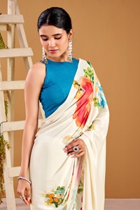 Indian Traditional Ethnic Satin Silk <b>Saree</b> in Floral Print for Casual Wear and Festive Function for Women Fancy Trendy Outfit - Product Image 4