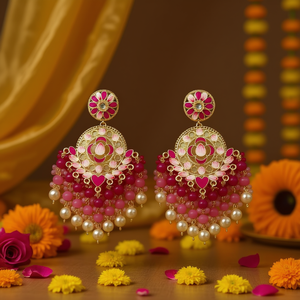 Pendientes colgantes de oro chapado con piedras Kundan y cuentas Meenakari con Maangtikka, joyería de moda. - Product Image 3