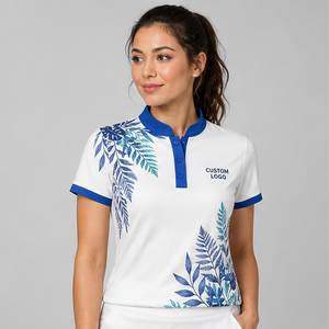 Polo pour femme personnalisé blanc, bleu sarcelle, imprimé botanique fougère, séchage rapide, respirant, manches courtes, uniforme d'équipe de golf WPS-0833 - Product Image 1