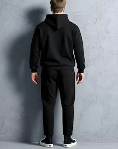 Men's Black Hooded Sweatshirt Set Solid Color Casual Autumn Wear Polyester/Cotton French Terry Knitted Fabric 380g Breathable - Product Image 4