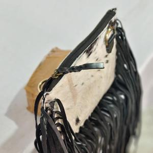Bohemian Genuine <b>Leather</b> Shoulder Bag With Black Fringe And Animal Print Pattern Single Strap Zipper Closure - Product Image 4