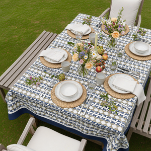 Nordic Blue Greystone Stripe 10 Seater <b>Tablecloth</b> 180x270cm Handcrafted 100% Cotton Wedding Dining Home Decor Style - Product Image 6