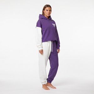 Ensemble de survêtement deux pièces à capuche pour femme, bicolore violet et blanc, en coton épais personnalisé, décontracté, à manches longues, coupe ample, pour usage quotidien - Product Image 4