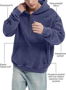Men's Streetwear 100% Cotton Oversized Quarter Zipper Breathable Acid <b>Wash</b> Custom Embroidery Heavyweight Winter 300g High - Product Image 4