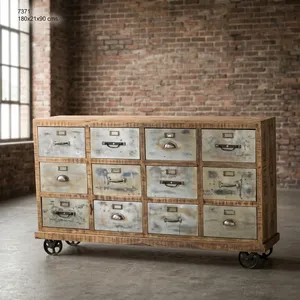 Industrial Wooden Iron Cabinet <b>on</b> <b>Wheels</b> Vintage Rolling Storage <b>Chest</b> 12 <b>Drawer</b> Rustic Metal Filing Organizer Furniture - Product Image 4