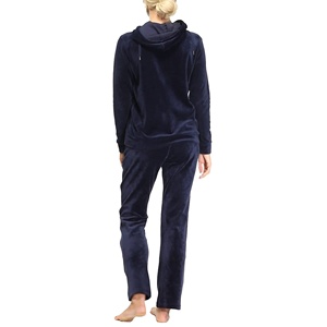 Women's Navy Blue Hooded <b>Tracksuit</b> Set Full Length Solid Color Casual Joggers with Side Pockets Zipper Fly Winter Wear - Product Image 3