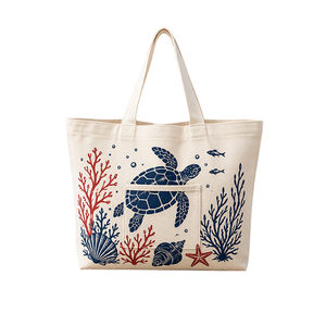 Bolsa de Compras de Algodón con Estampado de Tortuga Marina, Bolsa de Compras de Algodón con Diseño de Coral y Estrella de Mar - Product Image 2