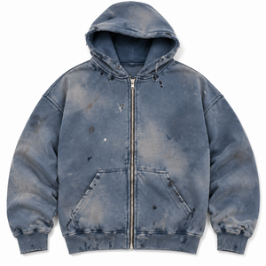 Pull léger zippé aspect denim vieilli Slate Sky, ourlet effiloché, robuste, tacheté, usé, vieilli, mode décontractée, vêtement d'extérieur élégant - Product Image 1