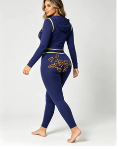Women's <b>Navy</b> Blue 2 Piece Hooded <b>Crop</b> Top & <b>Leggings</b> Set With Custom Logo Print Sporty Fit Full Sleeve Knitted Activewear - Product Image 5
