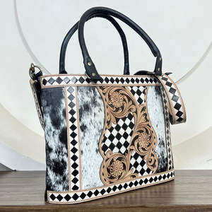 Sac fourre-tout en cuir à fleurs et à carreaux, fait main, de luxe, en cuir de vache véritable, sac bandoulière bohème, sac à bandoulière tendance pour femmes - Product Image 4