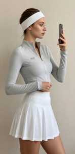 ONETEN APPARELS Women Long Sleeve Zip-Up Crop <b>Top</b> High Waist Pleated Mini <b>Skirt</b> Sporty Fitted Solid <b>White</b> Casual Dress - Product Image 2