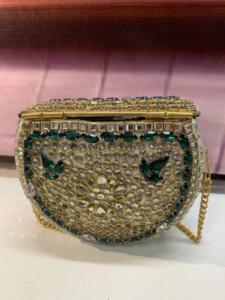 Luxury Green Stone Embellished Flap Closure Clutch <b>Bag</b> with Gold Chain Strap and Mirror <b>Work</b> Bridal Handbag for Women - Product Image 2