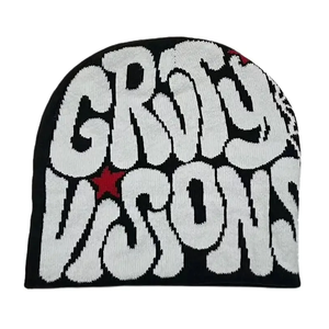 Bonnet d'hiver en acrylique à tricot dense, imprimé graffiti noir et or sublimé, avec bord flexible et motif audacieux, contrôle de l'humidité - Product Image 2