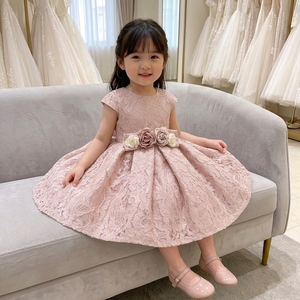 Robe de princesse opulente personnalisée pour filles, rose poudré, en dentelle florale, longueur genou, en satin respirant, robe de soirée avec fleur 3D à la taille pour demoiselle d'honneur - Product Image 4