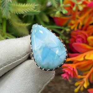 Anillo de Piedra Preciosa Larimar Raro, Corte Ovalado, Plata de Ley 925, Estilo Bohemio, Hecho a Mano, Certificado IGI, Todas las Tallas, Regalo para Ella - Product Image 2