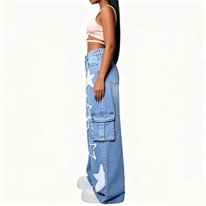 Vaqueros casuales de cintura media, pierna ancha, estilo holgado, con bolsillos, para mujer, en denim azul claro, lavado efecto nieve, de secado rápido. - Product Image 6
